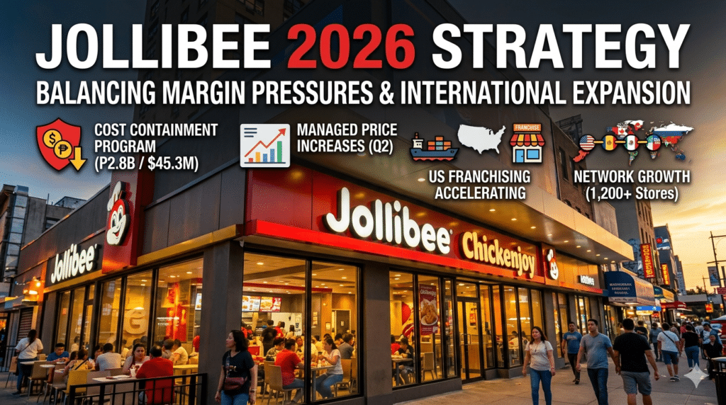 Exterior view of a busy Jollibee restaurant location at sunset with an infographic overlay titled 'Jollibee Foods Corp 2026 Strategy', detailing their cost-containment program, managed price increases, and international network expansion goals.