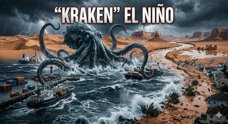 A dramatic featured image for an article titled "Kraken" El Niño, depicting a giant kraken emerging from a storm-tossed ocean in a desolate desert landscape. Cargo containers and a harbor are present, and the desert is visibly saturated and flooded by a major river, emphasizing simultaneous extreme weather events. The title text "KRAKEN" EL NIÑO is visible at the top.