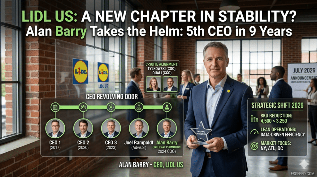 Alan Barry, the newly appointed CEO of Lidl US, presenting the company's 2026 growth and stability roadmap alongside new C-suite leadership.
