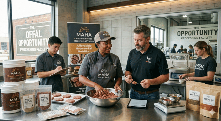 A professional food processing facility where experts are developing "MAHA" branded nutrient blends and "Ancestral" burger mixes using organ meats, illustrating the "Offal Opportunity" and "Nose-to-Tail" nutrition trends.