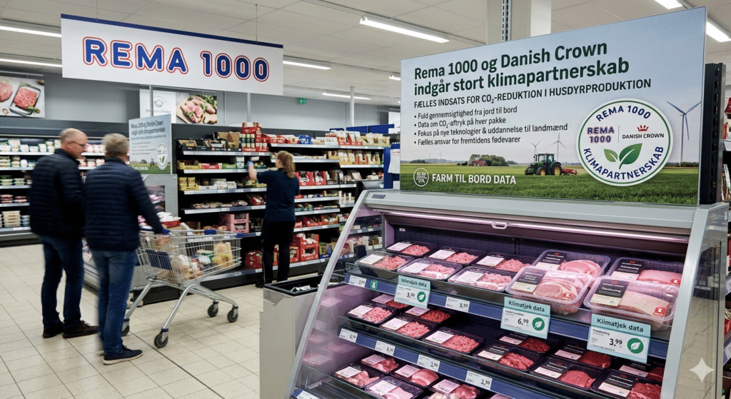Interior shot of a REMA 1000 supermarket in Denmark, featuring a meat aisle display and signage announcing the major climate partnership with Danish Crown for farm-to-fork carbon data and traceability. REMA 1000 Danish Crown.