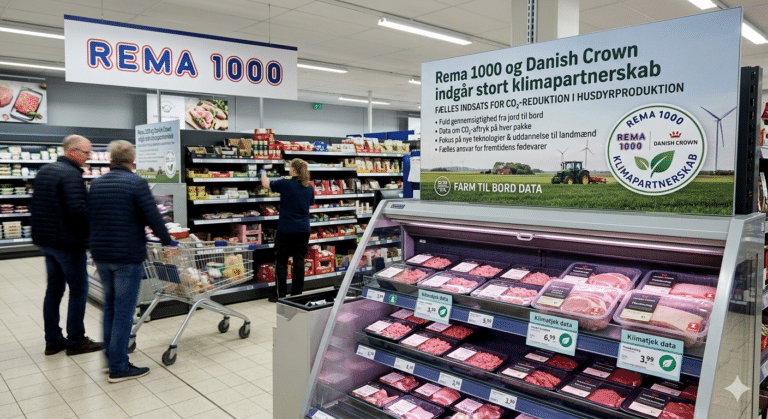 Interior shot of a REMA 1000 supermarket in Denmark, featuring a meat aisle display and signage announcing the major climate partnership with Danish Crown for farm-to-fork carbon data and traceability. REMA 1000 Danish Crown.