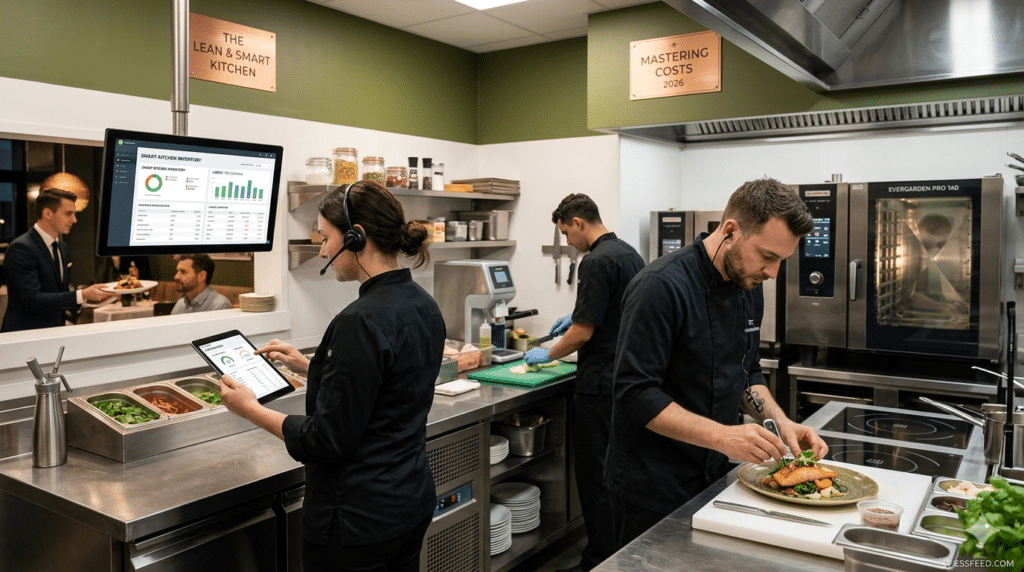 A professional restaurant kitchen crew utilizing digital dashboards and tablet technology to monitor inventory variance and labor efficiency, reflecting modern 2026 cost-control practices.