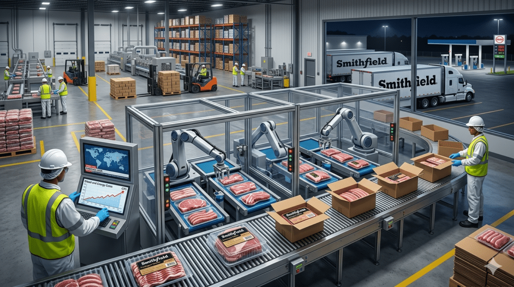 Infographic illustrating Smithfield Foods' vertical integration and automation strategy, showcasing meat production, packaging, logistics, and data analysis in a food processing facility.