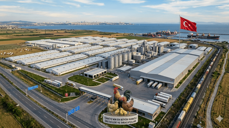 Aerial view of a large-scale integrated poultry processing facility and farming infrastructure in Ontario, Canada, featuring Canadian flags, broiler barns, and logistics transport trucks.