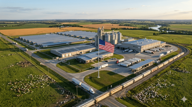 An aerial photograph of a large-scale integrated US poultry facility, showcasing climate-controlled broiler complexes, a central feed mill with storage silos, an automated processing plant, and logistics infrastructure including freight trains and trucks under a prominent American flag.