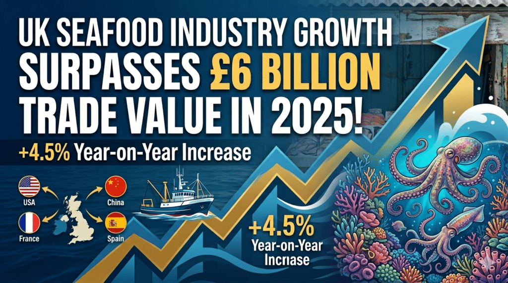 An infographic illustrating UK seafood industry growth in 2025, reaching a trade value surpassing £6 billion, showing a 4.5% year-on-year increase. The graphic features charts, a fishing boat, a map with global export partners (USA, China, France, Spain), salmon, and shellfish.