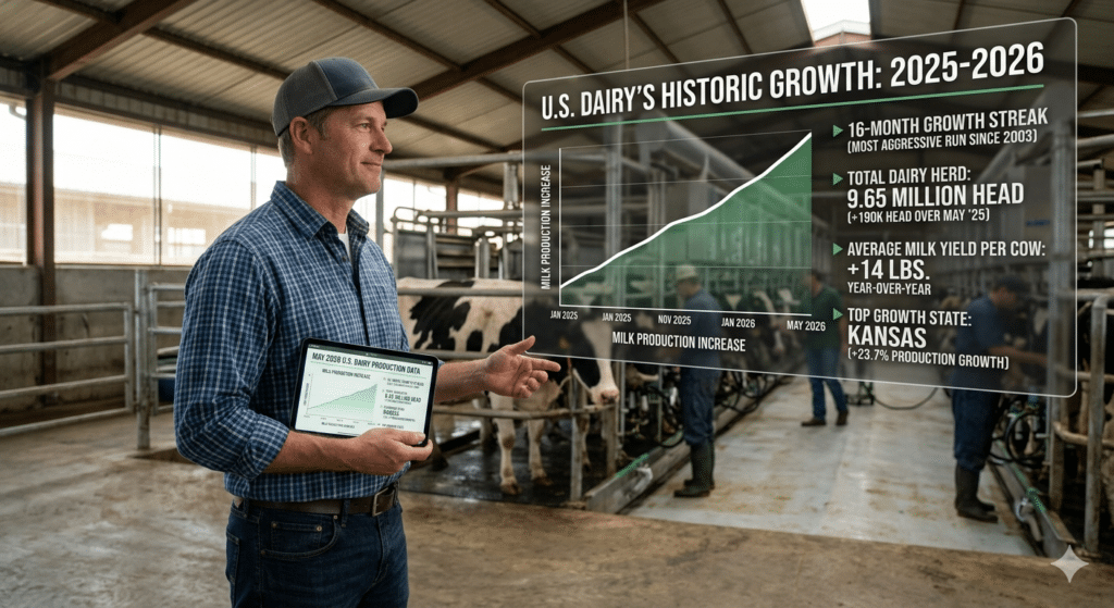 A dairy farmer in a modern milking facility holding a tablet displaying milk production data, with a digital overlay showing a 16-month growth streak chart and key U.S. dairy industry statistics for 2026.