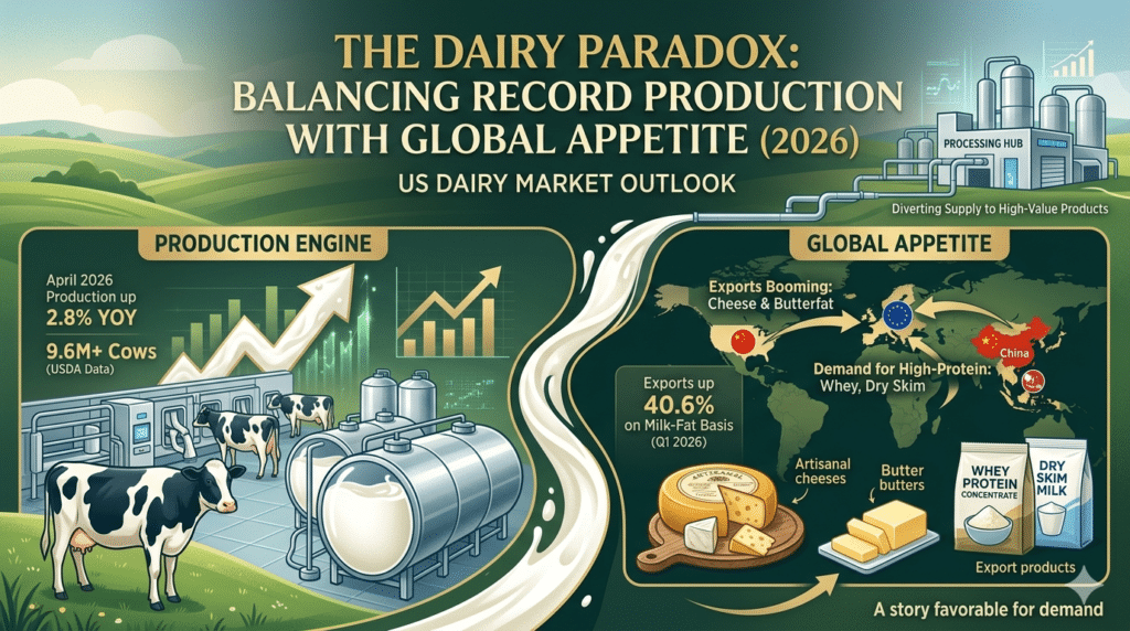This detailed infographic infographic-style illustration, titled 'THE DAIRY PARADOX: BALANCING RECORD PRODUCTION WITH GLOBAL APPETITE (2026),' is designed to be the definitive featured image for an article on the US dairy market's current and future state. It provides a comprehensive visual summary of key market indicators and growth areas for 2026.