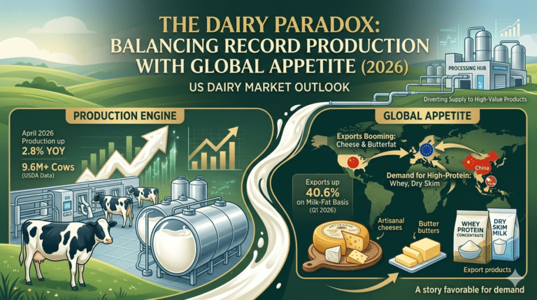 This detailed infographic infographic-style illustration, titled 'THE DAIRY PARADOX: BALANCING RECORD PRODUCTION WITH GLOBAL APPETITE (2026),' is designed to be the definitive featured image for an article on the US dairy market's current and future state. It provides a comprehensive visual summary of key market indicators and growth areas for 2026.