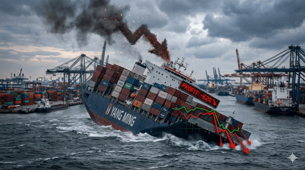 A Yang Ming container ship listing in the ocean with a red declining profit graph overlay and smoke forming a downward arrow.