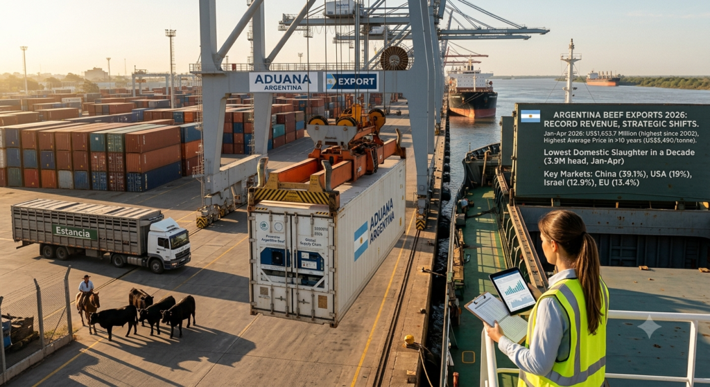 Argentine beef exports hit a record US$1.65B in Jan–Apr 2026, up 36% year-on-year, as average prices reach their highest level since 2014. Full supply chain analysis.