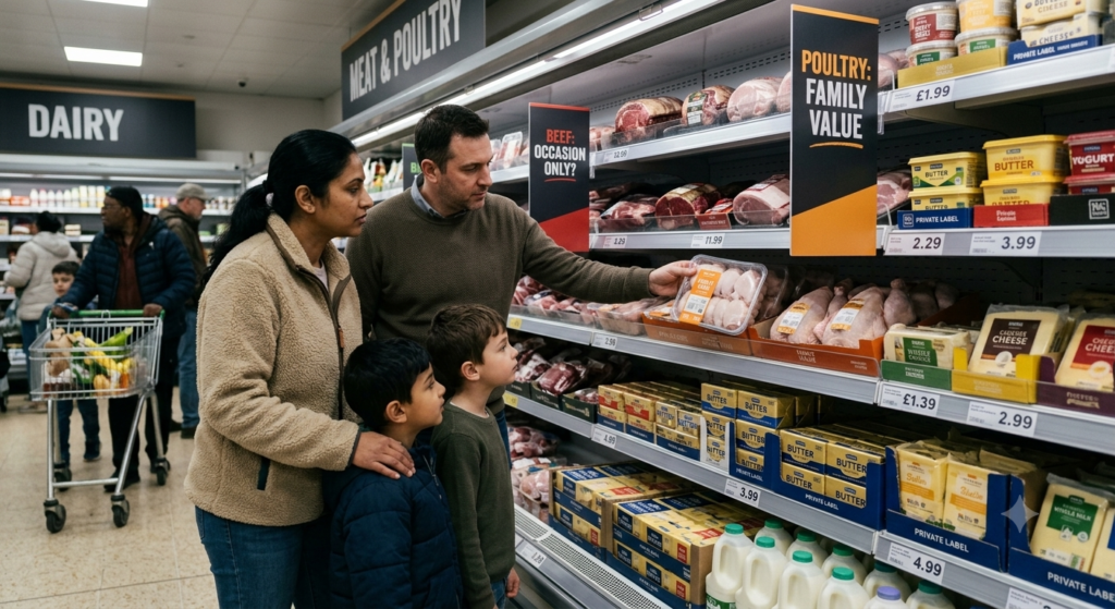 A family choosing affordable proteins in a supermarket meat and dairy aisle, illustrating consumer adaptation to inflationary pressures in 2026.