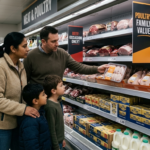 A family choosing affordable proteins in a supermarket meat and dairy aisle, illustrating consumer adaptation to inflationary pressures in 2026.
