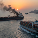 This realistic photojournalistic image captures the tension of the Strait of Hormuz update. In the background, a commercial tanker is visible with a plume of dark smoke rising from damage on its bridge after being struck, silhouetted against the rising orange sun. A generic naval helicopter hovers nearby. In the foreground, a large, modern container ship stacked with containers is navigating the choppy grey water, illustrating how the energy-focused disruption directly impacts the wider container shipping industry and freight routing decisions described in the report. The viewpoint is elevated, emphasizing the proximity and risk within the vital waterway.
