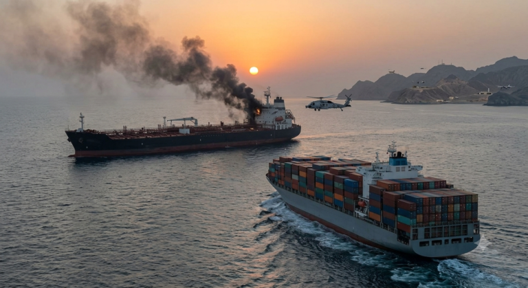 This realistic photojournalistic image captures the tension of the Strait of Hormuz update. In the background, a commercial tanker is visible with a plume of dark smoke rising from damage on its bridge after being struck, silhouetted against the rising orange sun. A generic naval helicopter hovers nearby. In the foreground, a large, modern container ship stacked with containers is navigating the choppy grey water, illustrating how the energy-focused disruption directly impacts the wider container shipping industry and freight routing decisions described in the report. The viewpoint is elevated, emphasizing the proximity and risk within the vital waterway.