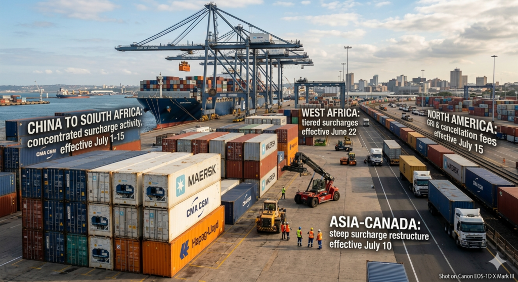 Container shipping port terminal showing logistics infrastructure, highlighting global trade lane surcharges and peak season rate increases for 2026.