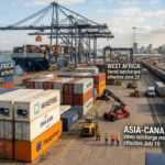 Container shipping port terminal showing logistics infrastructure, highlighting global trade lane surcharges and peak season rate increases for 2026.