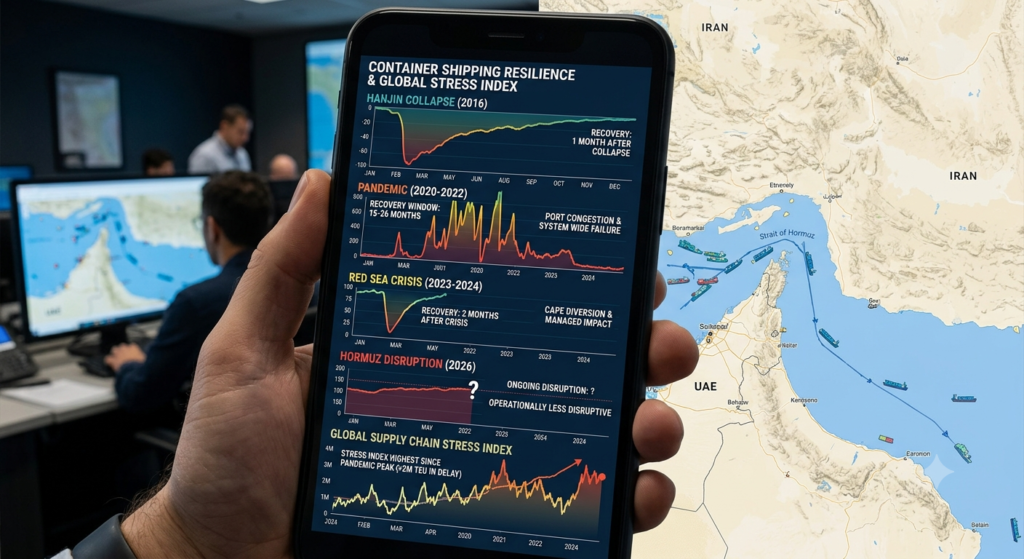 A smartphone screen displaying a comparative data visualization of container shipping resilience across historical events including the Hanjin collapse, COVID-19 pandemic, Red Sea crisis, and 2026 Hormuz disruption, juxtaposed with a map of the Strait of Hormuz.
