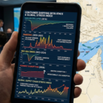 A smartphone screen displaying a comparative data visualization of container shipping resilience across historical events including the Hanjin collapse, COVID-19 pandemic, Red Sea crisis, and 2026 Hormuz disruption, juxtaposed with a map of the Strait of Hormuz.