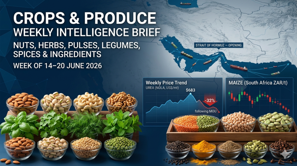 Get the latest market intelligence on the global crops, produce, and spice value chain. This week: Strait of Hormuz impact on fertilizer, South African maize harvest updates, and shifting pulse markets. Read the full 14–20 June 2026 brief.