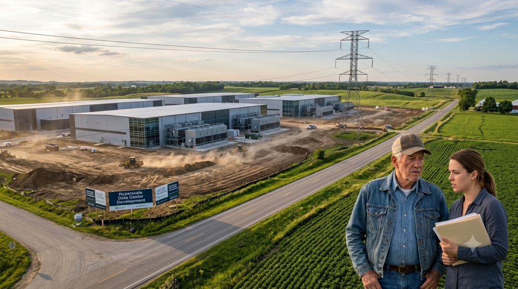 An older farmer and a younger woman looking concerned while overlooking a large-scale data center construction site on agricultural land in a rural area.