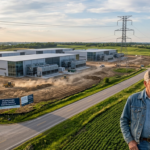 An older farmer and a younger woman looking concerned while overlooking a large-scale data center construction site on agricultural land in a rural area.