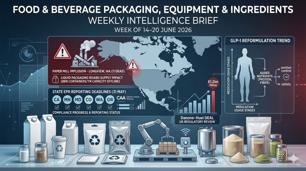 Analysis of the F&B industry for June 14–20, 2026. Insights on the Longview mill disaster, EPR compliance, GLP-1 reformulation, and processing investments.