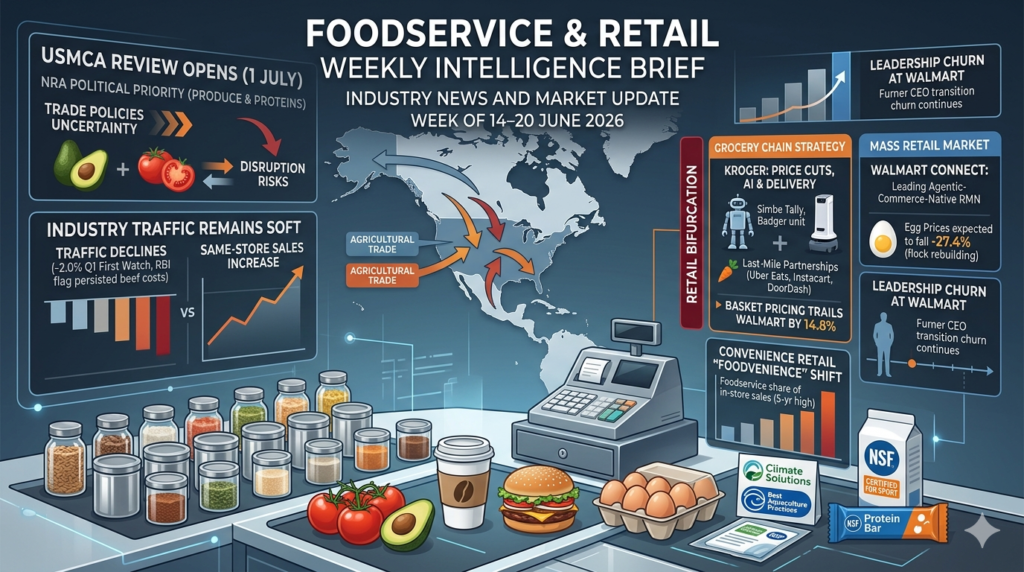 nalysis of the foodservice and retail sectors for June 14–20, 2026. Insights on USMCA review, Kroger-Walmart competition, and convenience store growth.
