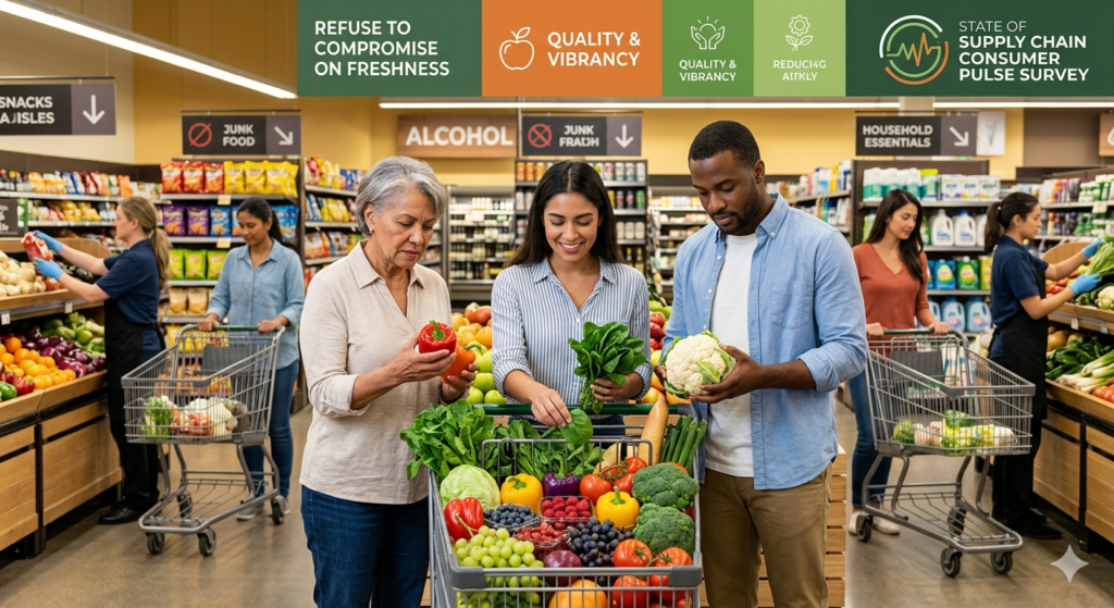 Shoppers in a grocery store selecting fresh produce, illustrating a consumer preference for quality and freshness over convenience foods.