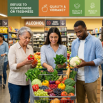 Shoppers in a grocery store selecting fresh produce, illustrating a consumer preference for quality and freshness over convenience foods.