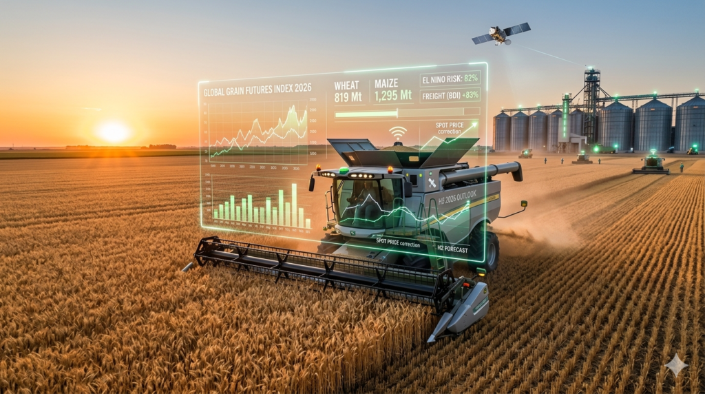 This cinematic shot balances the core of the market (the wheat field) with the predictive, data-driven nature of your report (the holographic overlays and satellites).