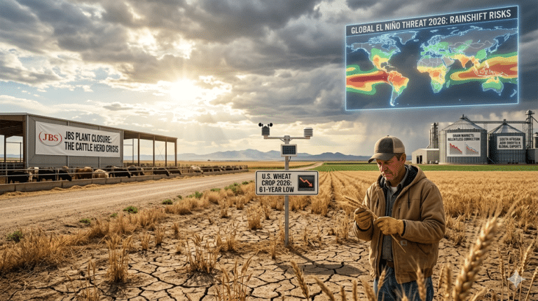 A realistic agricultural landscape depicting 2026 industry challenges, including a farmer inspecting a drought-stricken wheat crop in a cracked field, a cattle facility with a JBS plant closure sign, grain silos, and a digital infographic overlay showing global El Niño climate risks and market price drops.