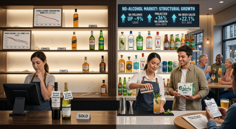 Global alcohol consumption is down 12% since 2010. Diageo, Carlsberg, and Pernod Ricard are restructuring R&D and portfolios around no- and low-alcohol growth. Here's the full strategic picture.