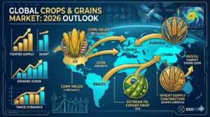 Global Crops and Grains Market 2026 analytical trade dynamics infographic mapping corn, soybean, and wheat trends.