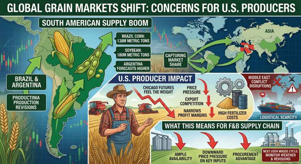 Infographic illustrating the impact of record South American corn and soybean production on U.S. grain producers, showing market competition, Chicago futures price pressure, and F&B supply chain implications for 2026.