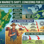 Infographic illustrating the impact of record South American corn and soybean production on U.S. grain producers, showing market competition, Chicago futures price pressure, and F&B supply chain implications for 2026.