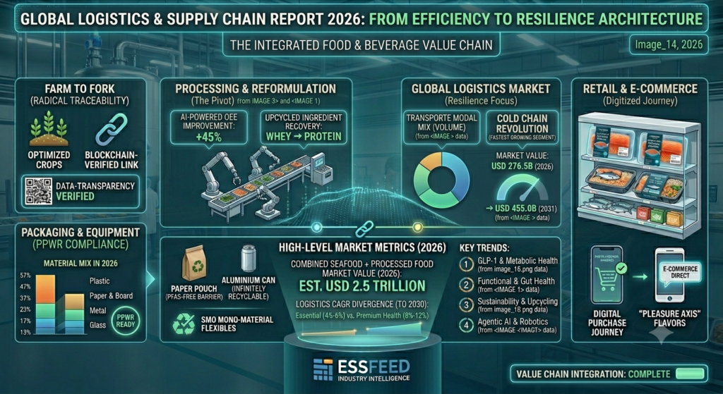 Automated logistics facility visualizing the 2026 global supply chain, featuring smart sorting, real-time tracking, and cold chain integration with market data projecting a USD 3.60 trillion logistics sector.