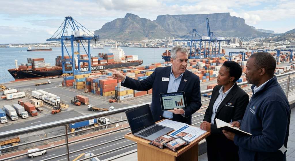 Industry experts reviewing U.S. red meat export data at a Cape Town port, illustrating trade negotiations and AGOA leverage efforts.