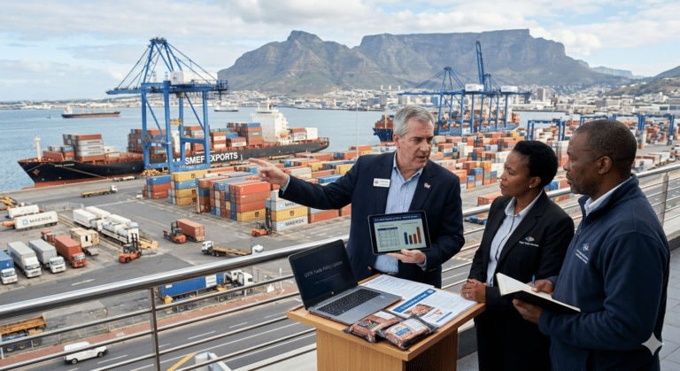 Industry experts reviewing U.S. red meat export data at a Cape Town port, illustrating trade negotiations and AGOA leverage efforts.