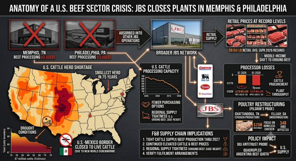 Infographic showing the impact of JBS USA beef plant closures in Memphis and Philadelphia, detailing the U.S. cattle herd shortage, record-high beef prices, and supply chain implications for 2026.