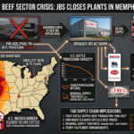Infographic showing the impact of JBS USA beef plant closures in Memphis and Philadelphia, detailing the U.S. cattle herd shortage, record-high beef prices, and supply chain implications for 2026.