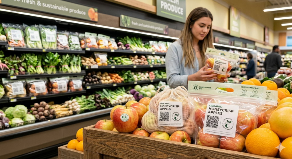 A shopper in a modern grocery store examining a bag of organic apples with clear, sustainable packaging featuring a prominent QR code and compostable label.