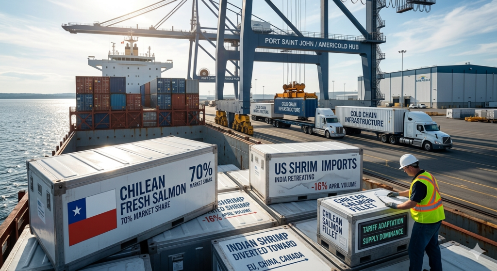 Infographic at a shipping port showing shifts in US seafood imports, highlighting Chile's 70% fresh salmon market share and a 16% decline in US shrimp imports.