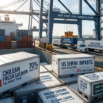 Infographic at a shipping port showing shifts in US seafood imports, highlighting Chile's 70% fresh salmon market share and a 16% decline in US shrimp imports.