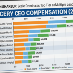 This image is generated as a detailed business infographic designed for a printed report. It uses a horizontal bar chart to compare the 2025 compensation of grocery CEOs, including both established leaders like Doug McMillon and Brian Cornell, as well as the 'new faces at the top' (Susan Morris, Greg Foran, Jason Potter) specified in the text. The bars are broken down into segments like stock awards and base salary, reflecting the drivers of the numbers at the scale of Walmart and Target. Sub-headlines and ghosted logos add context to the 'Bigger Picture' of transitions in the grocery industry.