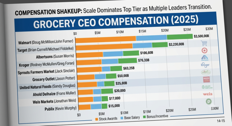 This image is generated as a detailed business infographic designed for a printed report. It uses a horizontal bar chart to compare the 2025 compensation of grocery CEOs, including both established leaders like Doug McMillon and Brian Cornell, as well as the 'new faces at the top' (Susan Morris, Greg Foran, Jason Potter) specified in the text. The bars are broken down into segments like stock awards and base salary, reflecting the drivers of the numbers at the scale of Walmart and Target. Sub-headlines and ghosted logos add context to the 'Bigger Picture' of transitions in the grocery industry.