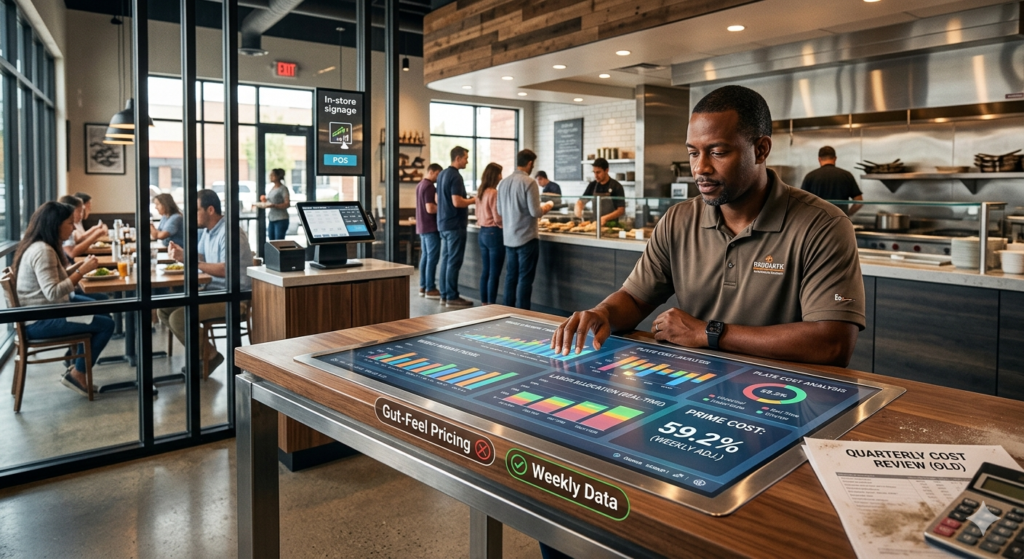Restaurant operator using a digital dashboard to analyze weekly prime costs and menu profitability in a modern restaurant setting.