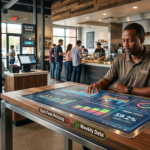 Restaurant operator using a digital dashboard to analyze weekly prime costs and menu profitability in a modern restaurant setting.