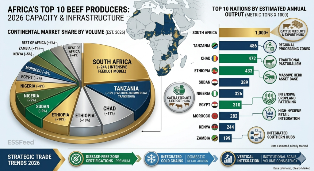Infographic data charts mapping out Africa's top 10 largest beef producing nations by continental market share, annual output data, and processing models.